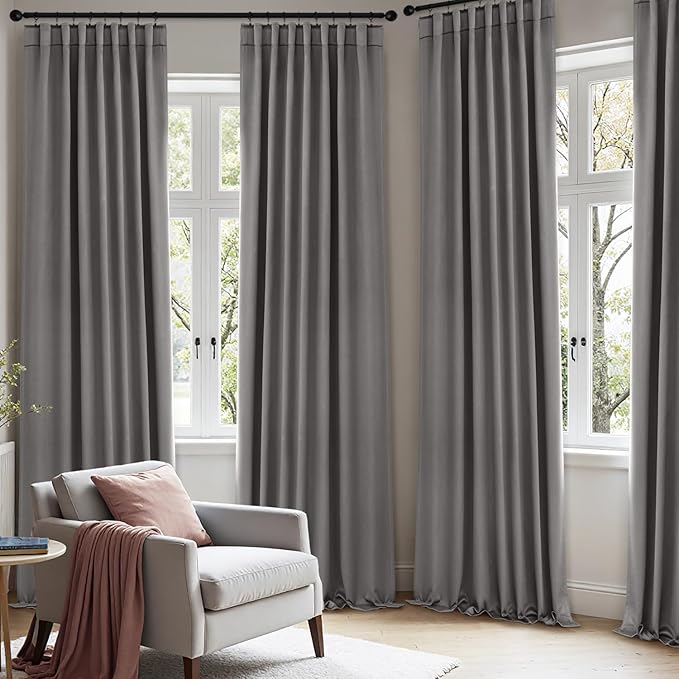 ANRODUO Back Tab Blackout Curtains for Bedroom Living Room, Rod Pocket Pinch Pleated Thermal Insulated Room Darkening Curtains 92 Inches Long 2 Panels, Grey, 42 x 92 Inch
