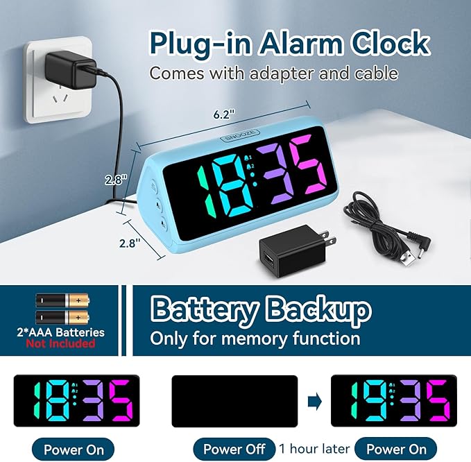 Netzu Loud Alarm Clock for Heavy Sleepers, RGB Alarm Clocks for Bedrooms Seniors Kids, Plug in Digital Clock with 5 Dimmers, 2 Alarms, 4 Volumes and Snooze