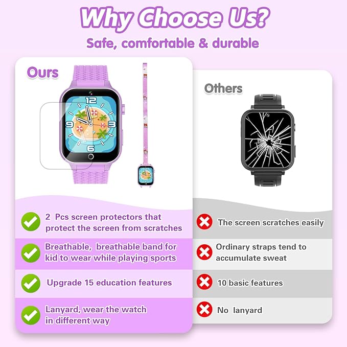 Smart Watch for Kids Girl Gift Ages 3-12, 2 Screen Protector, 26 Puzzle Games, HD Camera Video Music Player Touchscreen Pedometer, Educationtal Toy Brithday Gifts for Girl Ages 4 5 6 7 8 9 10(Purple)