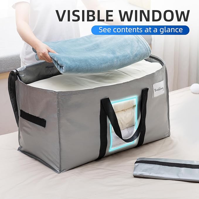 TAILI Extra Large Moving Bags, 8 Pack Silver Heavy Duty Totes For Storage with Visible Window, Wrap Around Handles, Storage Bags for Space Saving, Alternative to Moving Boxes