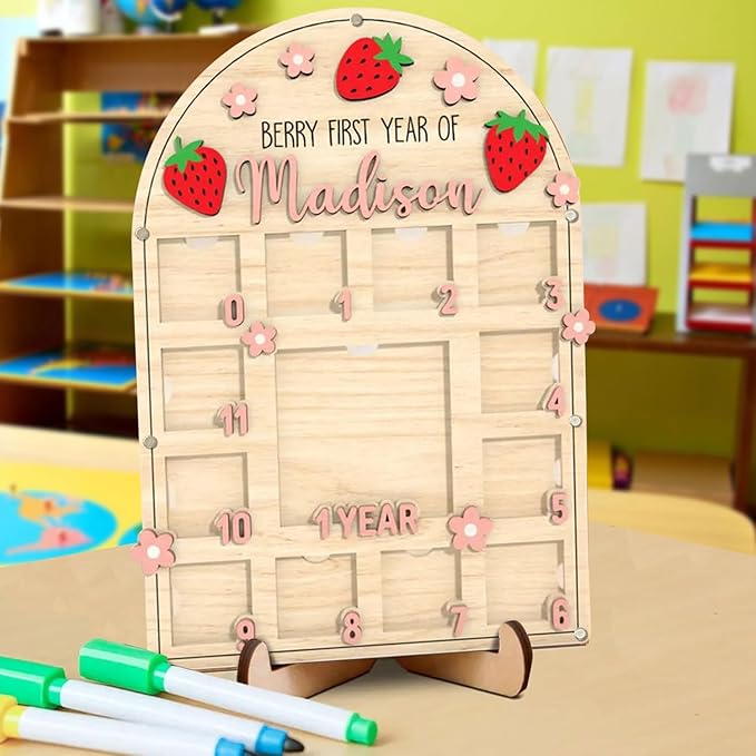 Personalized My First Year Photo Frame | 12 Months Picture Frame For Baby First Year | Displays One 4x4 Pics And Twelve 2x2 Pictures | Birthday Party Decor Newborn Memory Keepsake, Strawberry