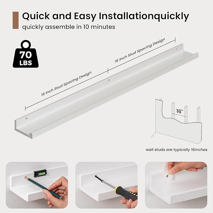 Picture Ledge Shelf, Solid Pine Wood Floating Shelves Set of 2, 36 Inches Nursery Book Shelves for Toys Storage, Kids Bookshelf Wall Mounted for Living Room Bedroom Decor Books Photo Frames, White
