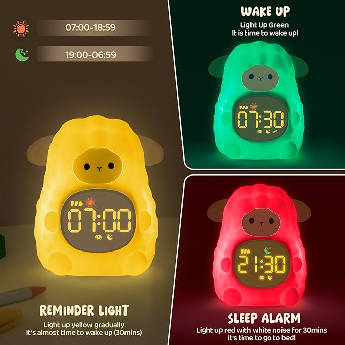 Sheep Alarm Clock with Night Light for Kids with Sleep Training and Sound Machine, Rechargeable Silicone Lamp OK to Wake Clock，Cute Animal Tabletop Lamp, Perfect Sleep Companion for Boys Girls, Khaki