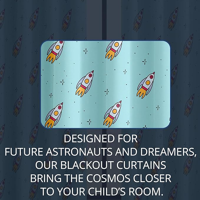 Kids Space Rockets Blackout Curtains - 100% Blackout, Thermal Insulated, Noise Reducing, Perfect for Kids Room and Nursery, 2 Panels (Aqua Mini Rockets, W52×L63)