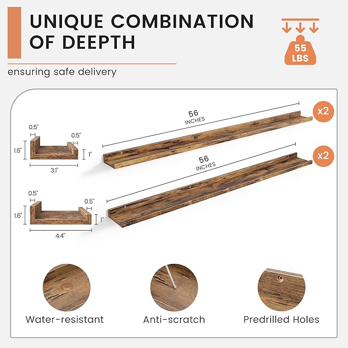 Floating Picture Ledge Shelves Set of 4, 56 Inch Long Large Nursery Book Shelf for Toys Storage Kids Bookshelf Wall Mounted Living Room Bedroom Decor Frames