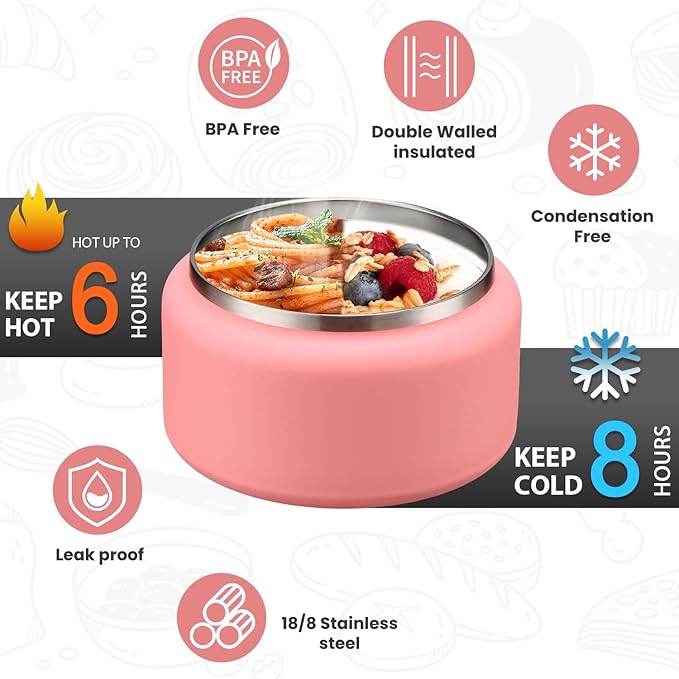Soup Thermo for Hot Food Kids 13.5oz Lunch Containers with Buckle Lid Wide Mouth Hot Food Jar Vacuum Insulated Stainless Steel Bento Box Leakproof with Spoon(Pink)