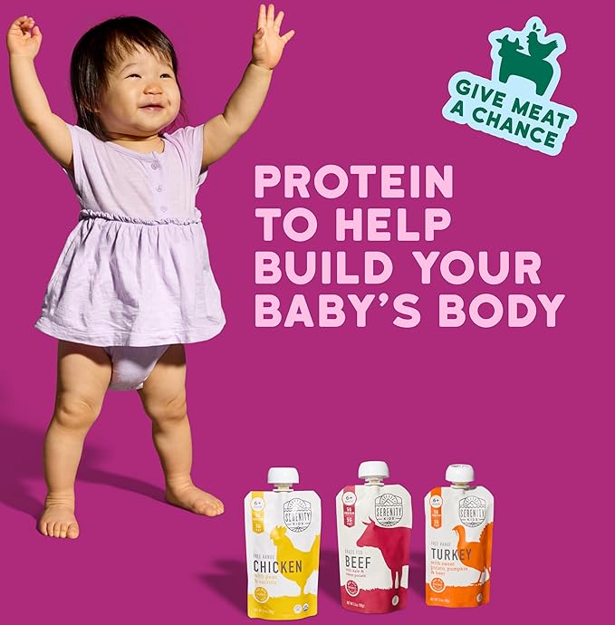 Serenity Kids 6+ Months Baby Food Pouches - Ethically Sourced Meat & Organic Veggies - High Protein Savory Baby Puree Pouches for Baby Snacks - 3.5 Oz, 8 Pack
