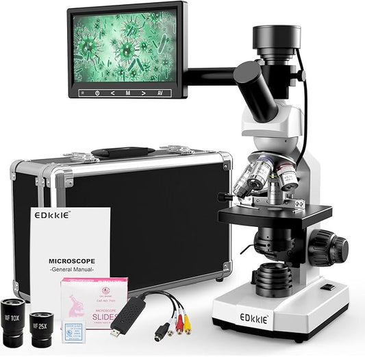 Microscope for Adults with 40X-2500X Magnification, Dual-View Research-Grade Compound Monocular Microscopes with 7'' LCD Screen, Wide-Field 10X 25X Eyepiece, Built in 5MP Camera, Dual Illumination
