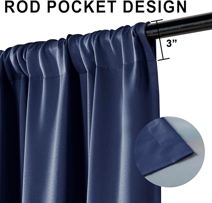 XWZO 100% Blackout Curtain Panels - Thermal Insulated Black Liner, Noise Reducing and Heat Blocking Rod Pocket Drapes for Hall and Studio Windows with Tiebacks, Navy Blue, W52 x L54, Set of 2