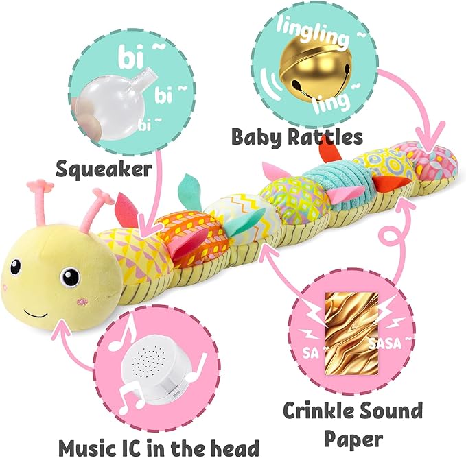 LIGHTDESIRE Baby Toys Musical Caterpillar,Infant Toys Stuffed Animal Toys with Ruler Design and Ring Bell,Baby Teething Toys for Tummy Time Newborn Boys Girls 0 3 6 12 Months(Yellow)