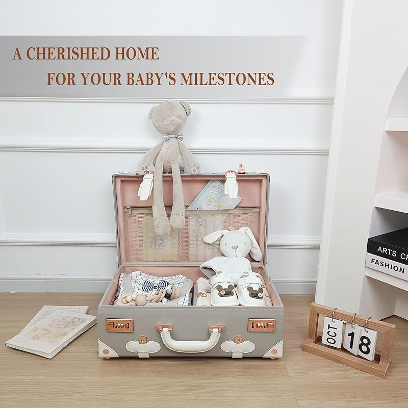 Unitravel Baby Keepsake Case, 18" Handmade Memory Storage Box, Newborn Keepsake Box, Vintage Suitcase for Baby Shower, Baptism, Naming Ceremony or Birthday (grey)