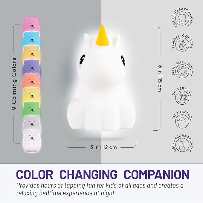 Lumipets Remote Control Silicone Night Light for Kids - Unicorn Design with 9 Soft Colors & Sleep Timer - Rechargeable, Battery-Operated Lamp for Bedroom | Baby Nursery, Toddler, Girls, Boys