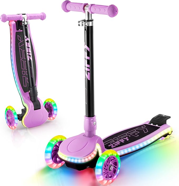 ZIFFY 3-Wheel Light-Up Kids Scooter, Kids Balance Scooter for Boys Girls with 20 Dynamic LED Lights, 4 Adjustable Height, Lean-to-Steer Design with Anti-Slip Wide Surface for Stability - Up to 110LBS