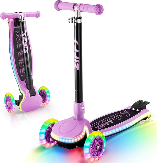 ZIFFY 3-Wheel Light-Up Kids Scooter, Kids Balance Scooter for Boys Girls with 20 Dynamic LED Lights, 4 Adjustable Height, Lean-to-Steer Design with Anti-Slip Wide Surface for Stability - Up to 110LBS