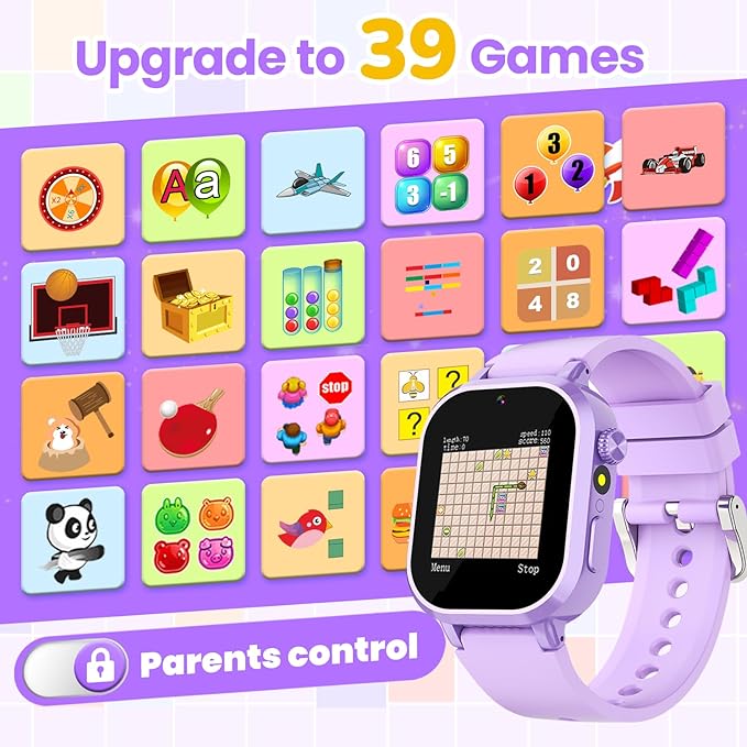 Waterproof Smart Watch for Kids Girls Ages 5-12 with 39 Games, HD Camera, Video, Music, Habit Tracking, Alarm, Pedometer, Kids Smart Watch Chrismars Birthday Gift for Girls Age 5 6 7 8(Purple)