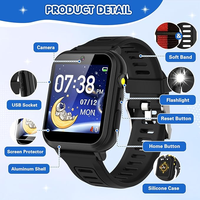 Smart Watch for Kids with 39 Games Touchscreen Camera Video, Music Player, Pedometer, Calculator, Calendar, Stopwatch, Flashlight, Alarm Clock 12/24 hr, Birthday Gifts Toys for Boys Ages 3-12