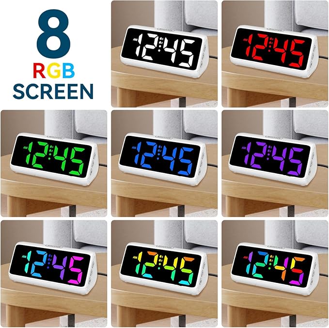 Netzu Loud Alarm Clock for Heavy Sleepers, RGB Alarm Clocks for Bedrooms Seniors Kids, Plug in Digital Clock with 5 Dimmers, 2 Alarms, 4 Volumes and Snooze (White)