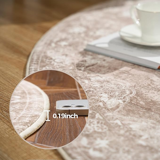 jinchan Round Rug 7ft Area Rug - Brown Vintage Floor Mat Kitchen Indoor - Washable Circle 7' Thin Floral Print Carpet Retro Farmhouse Non Slip Dining Room Living Room Bedroom Office