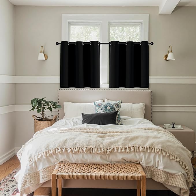 MIULEE Short Curtains for Windows - Black Blackout Half Window Curtains Thermal Insulated Drapes for Kitchen Bedroom Bathroom Grommet Small Basement Tiers Halloween Decor W40 x L36 Inch 2 Panels