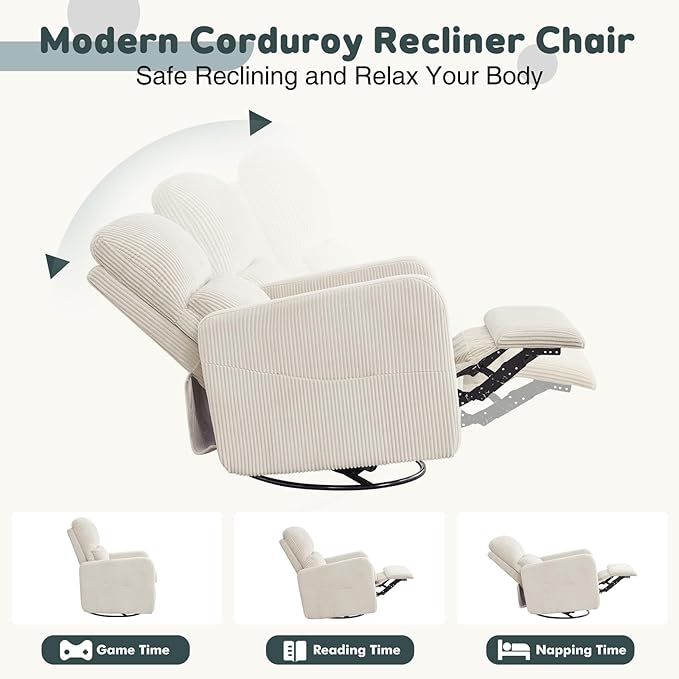 Swivel Rocker Recliner, Oversized Manual Nursery Glider Rocking Recliner Chair with Removable Cushion, Upholstered Swivel Reclining Chair for Nursery Living Room Bedroom, Corduroy White