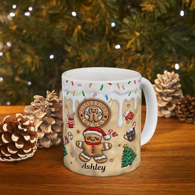 Personalized 3D Effect Christmas Mugs with Names, Gingerbread Man Coffee Mug, Custom Hot Cocoa Accent Mug Funny Christmas Gifts For Sister Friends Mom Dad Women Men 11 or 15 Oz