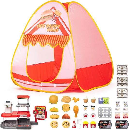 Kids Play Tent, Pop Up Play Tent Burger Theme with Complete Toy Set, Play Toys Play Set for Kids Indoor Outdoor Pretend Play