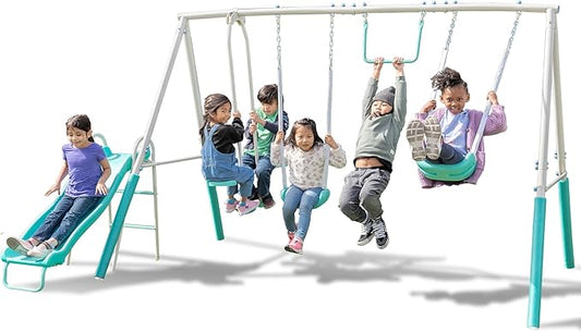 Sportspower MSC-4510-TL Arcadia Metal Swing Set with 5’ Slide, Trapeze, & 2-Person Glider Swing, Teal