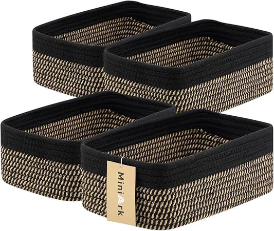 Small Storage Baskets for Organizing | Closet Organizer Bins | Shelf Toy Basket | Woven Rope Baskets | Cube Decorative Box | Shallow Basket | 11.5x7.5x4.7” | 4 Packs Black Brown