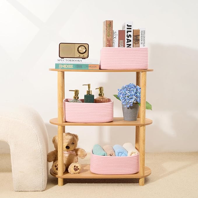 Small Storage Baskets for Organizing | Closet Organizer Bins | Shelf Toy Basket | Woven Rope Baskets | Cube Decorative Box | Shallow Basket | 11.5x7.5x4.7” | 4 Packs Light Pink