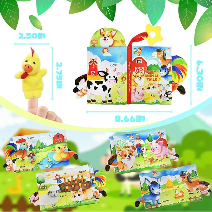 Farm Crinkle Books for Babies with 10 Finger Puppets Set, Touch and Feel Cloth Soft Farm Animal Tail Book with BiBi & Teething Toy, Puppets for Kids Ages 4-8, Baby Shower Birthday Gifts