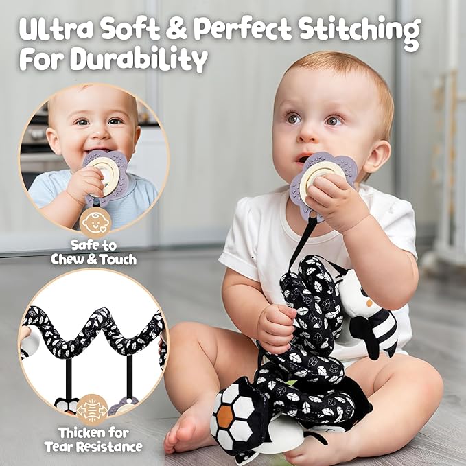 Car Seat Toys for Babies 0-6 Months,Hanging Rattle Toys for Crib Mobile, Baby Spiral Hanging Stroller Black and White High Contrast Toys for Newborn 0 3 6 9 12 Months Baby Boys Girls (Bear)