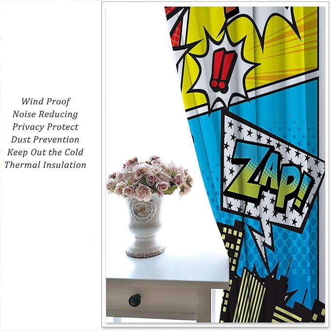 Superhero City Wars Explosion Rod Pocket Blackout Curtains for Boy Girl Bedroom, Colorful Comics Ar Thermal Insulated Home Window Drapes for Living Room Darkening, 42x45 inch