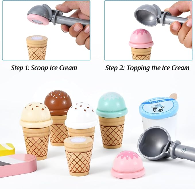 Wooden Ice Cream Toys Kids Play Store Pretend Toy for Toddlers, Play Kitchen Accessories with Scoop, Menu, Fake Money, Ice Cream Play Set Birthday Christmas Gifts for 3 4 5 6 Year Old Girls Boys
