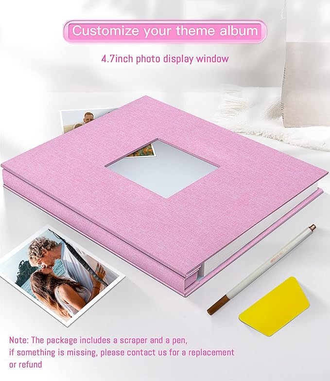 popotop Photo Album Self Adhesive with Picture Display Window,60 Pages DIY Scrapbooking Supplies Kit for 4x6 10x12 Picture,Linen Cover Memory Book for Baby Wedding, with Scraper and Metallic Pen