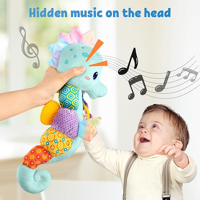 LIGHTDESIRE Baby Toys Musical Seahorse,Infant Stuffed Animal Toys with Crinkle and Rattles,Soft Sensory Toys with Textures for Tummy Time Newborn Boys Girls 0 3 6 12 Months(Blue)