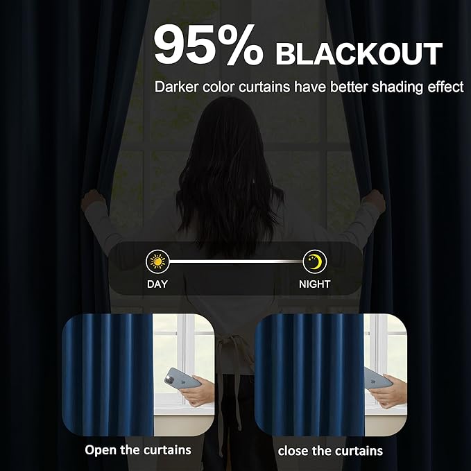 KEQIAOSUOCAI Navy Pleat Wide Width Drapes 80 x 84 inch Long 2 Panels - Thermal Insulated Room Divider Curtains for Bedroom/Living Room/Patio, Pinch Pleated Curtain Panel with Hooks