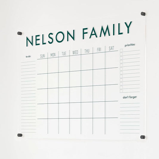 Personalized Clear Acrylic Calendar for Wall, Calendar Whiteboard for Wall, Dry Erase Wall Calendar, Wall Calendar Organizer System for Home (Block, Jade, 38"W x 26"H)