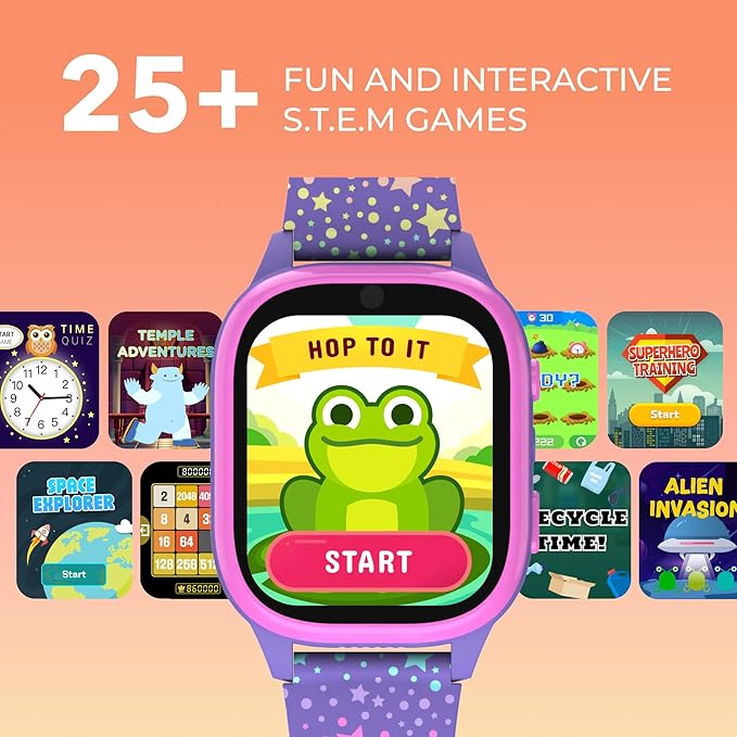 PlayZoom 4 Kids Smartwatch – 1.83” Color Touchscreen, 25+ Games, Selfie Camera, Audiobooks, Songs, Step Tracker, Parental Controls, Waterproof, for Ages 4-12 (Purple Unic)