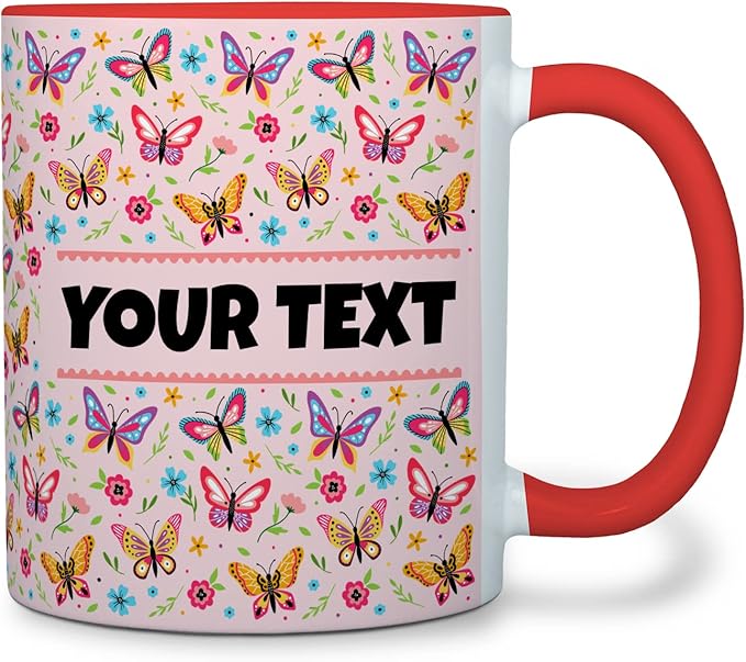 Personalized Mug for Kids - Butterflies - Custom Name/Text, Ceramic Hot Chocolate/Cocoa/Coffee Cup for Girls, Birthday/Christmas/Holiday Gift - 11 oz, Red Handle