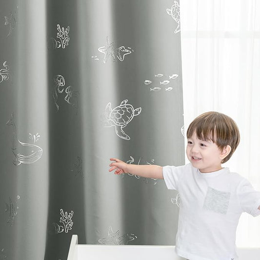 Vangao Kids Curtains for Boys Bedroom Kids Blackout Curtains 84 Inch Length Ocean Aquarium Nursery Drapes for Girls Bedroom Silver Sea Animals Print Thermal Insulated Drapes, Grey 2 Panels