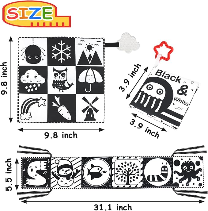 KUANGO Newborn Toys Black and White Baby Toys 0-3 Months High Contrast Baby Toys for Newborn - High Contrast Baby Soft Book Infant Tummy Time Toys Crinkle Sensory Toys for Brain Development