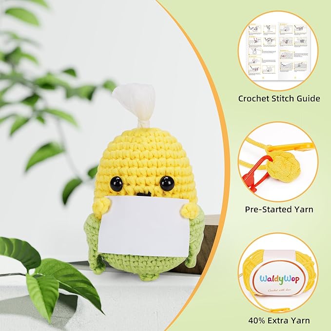 WaldyWop Beginners Crochet Kit for Kids & Adults w/Positive Card - Easy Crochet Starter Kit w/Pre-Started Yarn, Step-by-Step Video Tutorials - Craft Kits, Birthday Gifts for Girls Women, Cute Corn