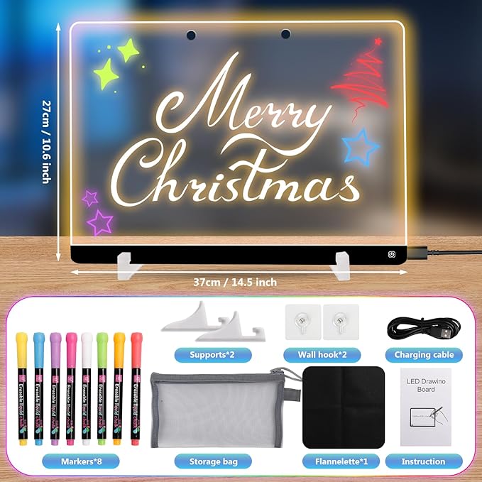 Led Drawing Board for Kids with Stand, Small White Board 14.5"X10.6" 7 Colors Acrylic Dry Erase Board with Light, LED Note Board with Colors, Touch Control, 8 Markers,as Night Light for Festival/Gift