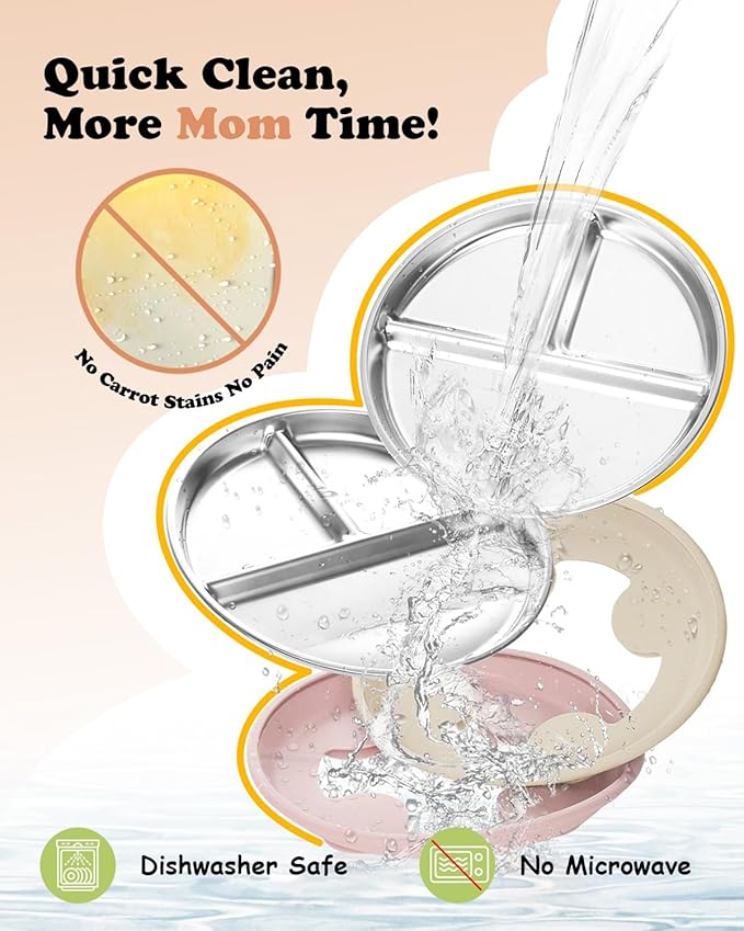 Stainless Steel Baby Plate with Suction, 8” Divided Toddler Plates with Removable Silicone Sleeves for Kids, Non-Toxic Non-Slip Unbreakable Dishwasher Safe Dinnerware Set of 2, Pink & Beige