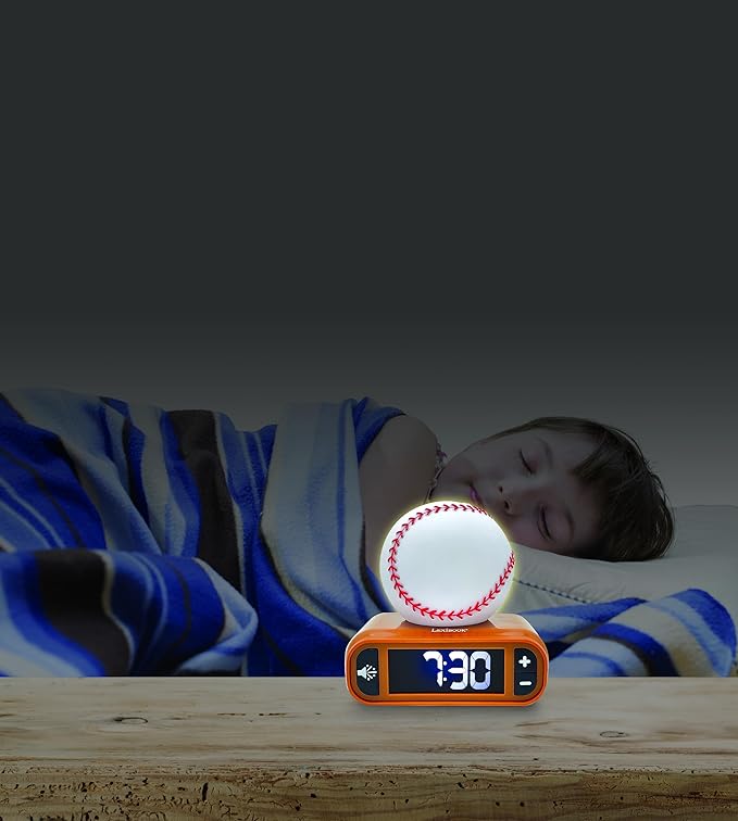 LEXiBOOK, Baseball - Baseball Nightlight Alarm Clock, Sounds and Melodies, LCD Backlit Screen, Luminous, Snooze, Brown/White, RL800BL