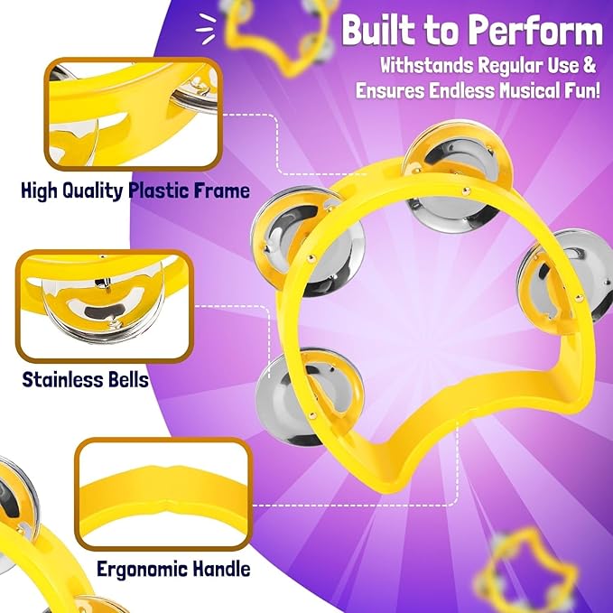 Flexzion Half Moon Musical Tambourine Set of 4, Red Yellow Blue Green, Double Row Metal Jingles Hand Held Percussion Drum with Ergonomic Handle Grip