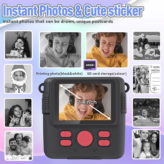 Kids Camera Instant Print, Christmas Birthday Gifts for Kids Age 3-12, Selfie Digital Camera with 1080P Videos,Toddler Portable Travel Cameras Toy for 4 5 6 7 8 9 Year Old Boys Black