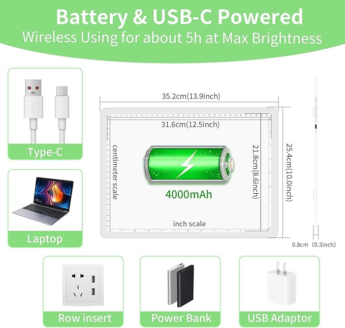 KOBAIBAN A4 Magnetic Light Pad with Bag, Rechargeable Diamond Art Light Board with Side Physical Buttons, 3 Color Light Modes Super Bright Light Table Light Box for Tracing, Drawing, Sketching (White)