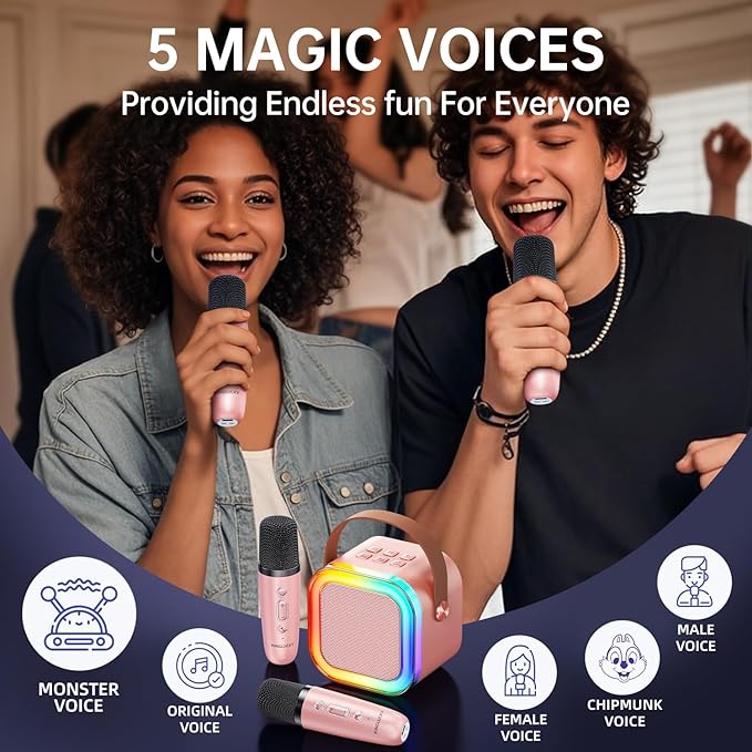 Kinglucky Mini Karaoke Machine for Kids, 2025 TOP Birthday Gifts Ideas for 3-12 Year Old Girls, Christmas Party Gifts Kids' Personal Video Players Accessories with 2 Wireless Microphones - Rose Gold
