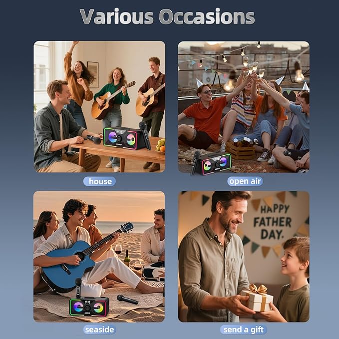 SD-215 Bluetooth Karaoke Machine for Adults & Kids- 2 Wireless Mics, 80W Powerful Sound, Rechargeable,15-Hour Playing, 6500mAh, LED Lights, Supports BT/USB/AUX for Home Parties Outdoor Gatherings